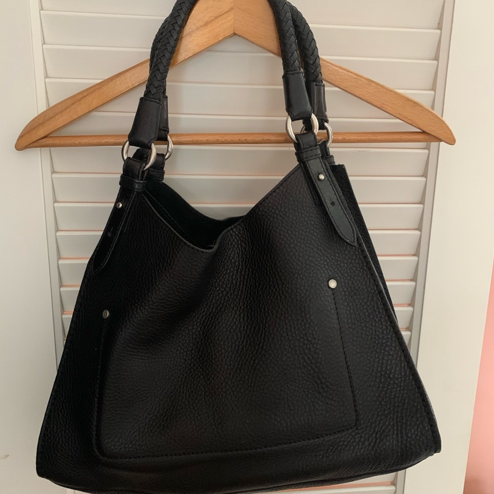 Cole Haan beautiful black leather  pebble finished purse 2 braided handles..